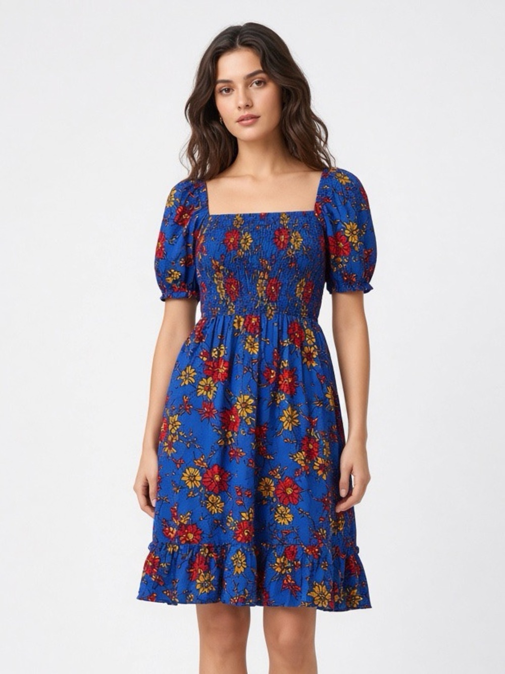 Leith Blue Floral Square-Neck Puff Sleeve Midi Dress